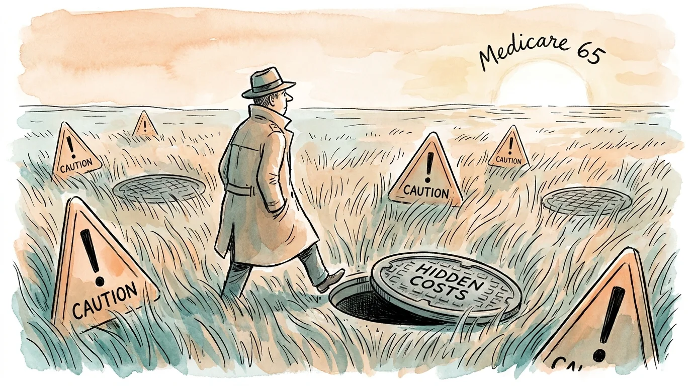 An editorial illustration of a person walking toward a distant goal, unaware of hidden obstacles in their path.