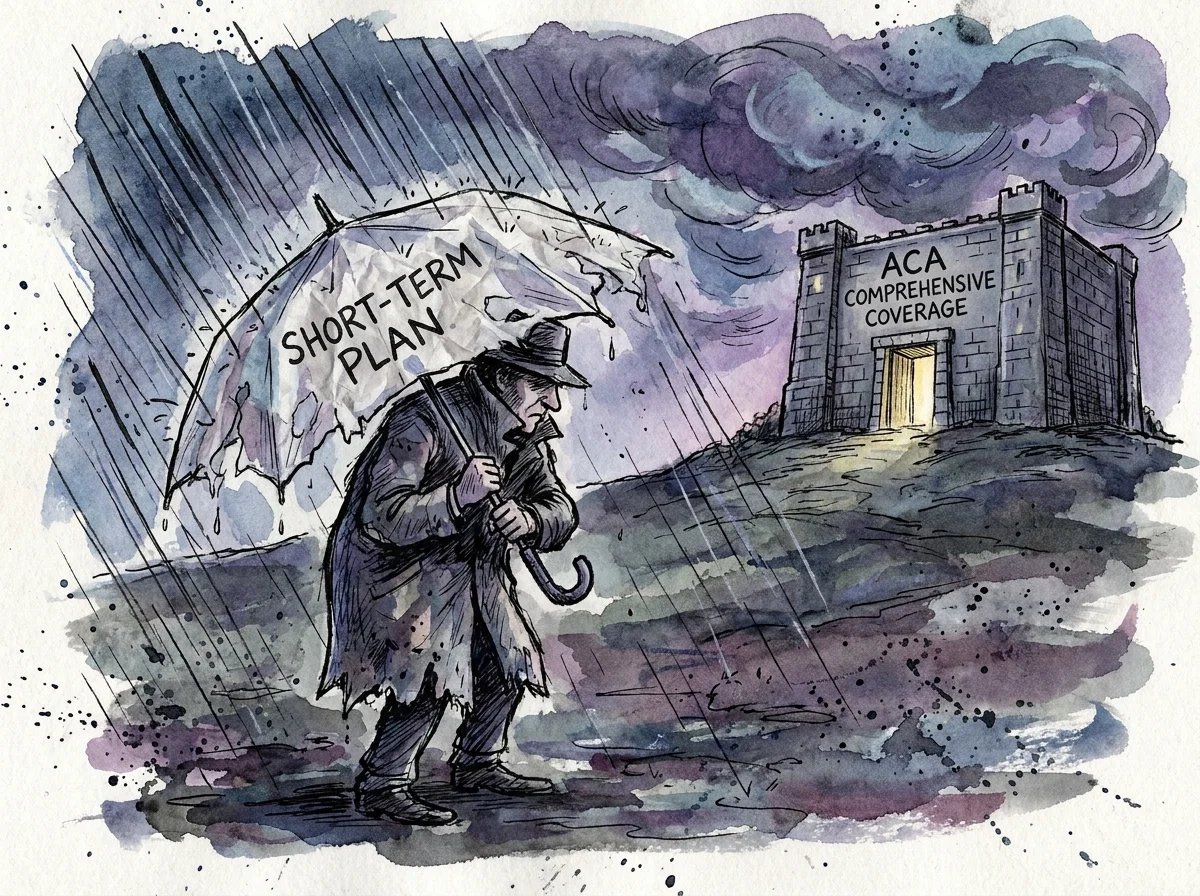 An editorial illustration of a person with a fragile paper umbrella in a storm, representing the inadequacy of short-term plans.