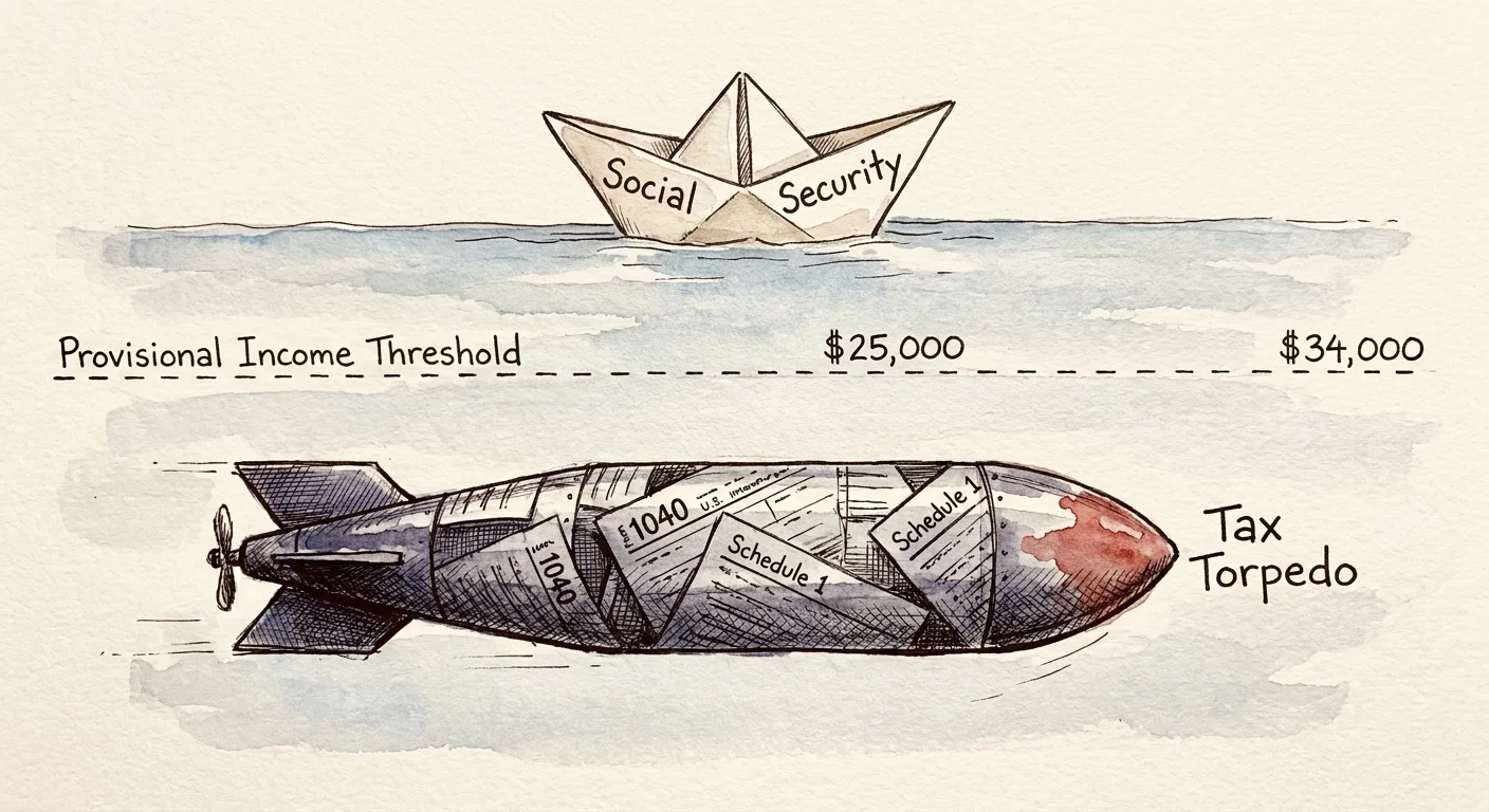 An editorial illustration of a Social Security boat being targeted by a 'Tax Torpedo' made of tax forms.