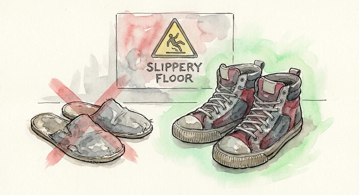 An illustration comparing unsafe slippers to sturdy court shoes, highlighting proper footwear for safety.