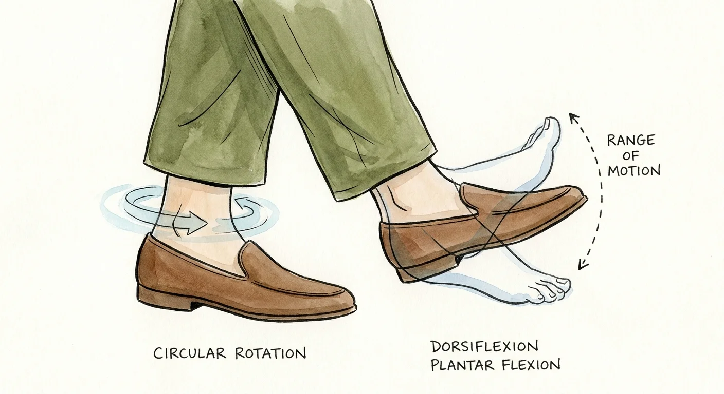 An illustration focusing on a person's feet performing ankle pumps and circular rotations while seated.