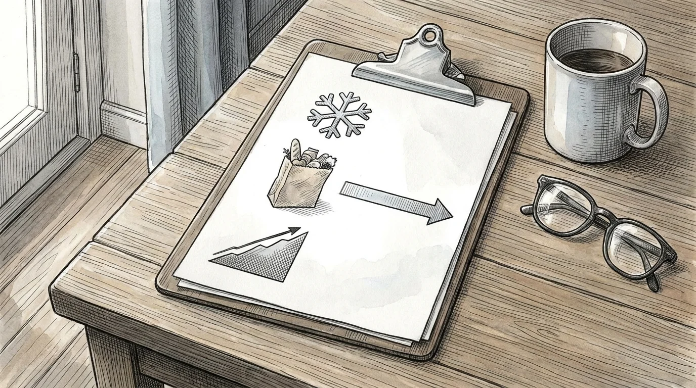 An illustration of a checklist showing the mistakes of ignoring weather, distance to groceries, and terrain when retiring car-free.