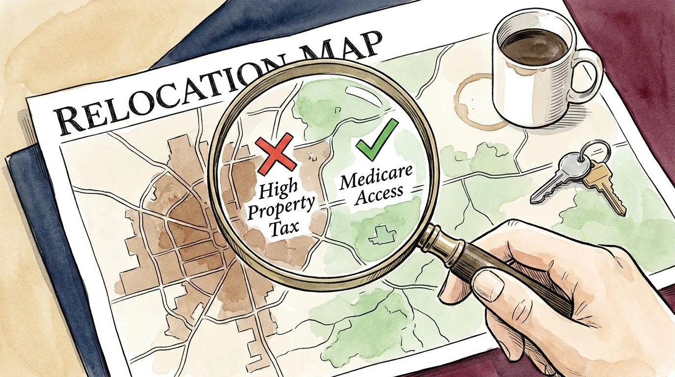 An illustration of a hand using a magnifying glass to check tax and healthcare labels on a paper map.