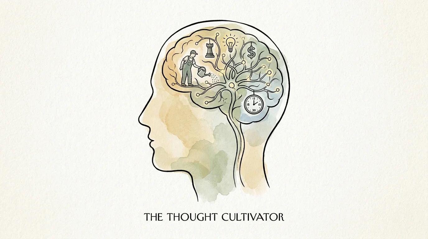 An illustration of a head where neural pathways are being nurtured like a garden, featuring icons of chess and time.