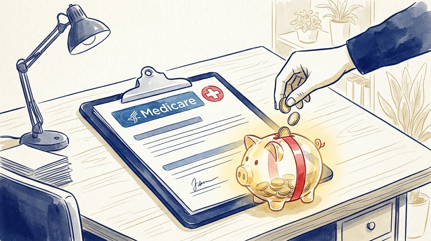 An illustration of a Medicare document and a piggy bank, representing the intersection of healthcare and financial planning.