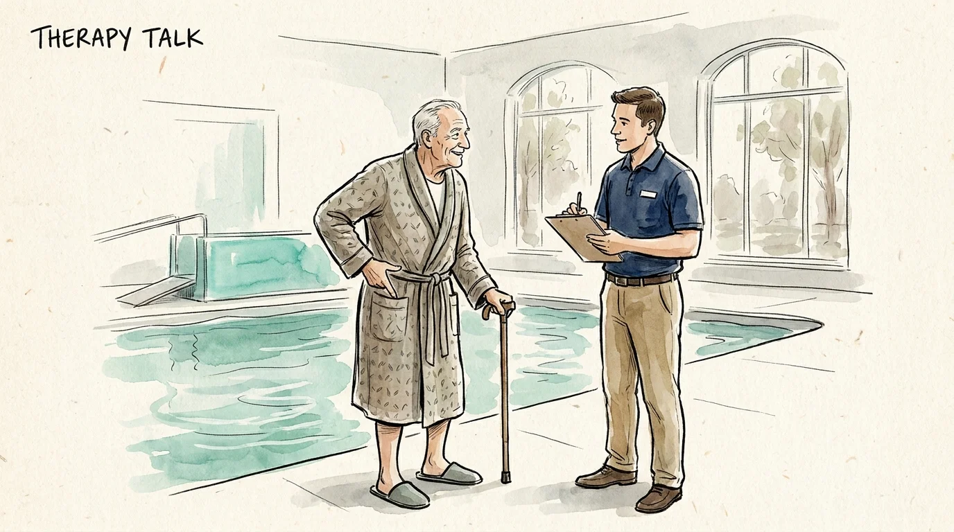 An illustration of a senior man consulting with a fitness professional or therapist at an aquatic center.