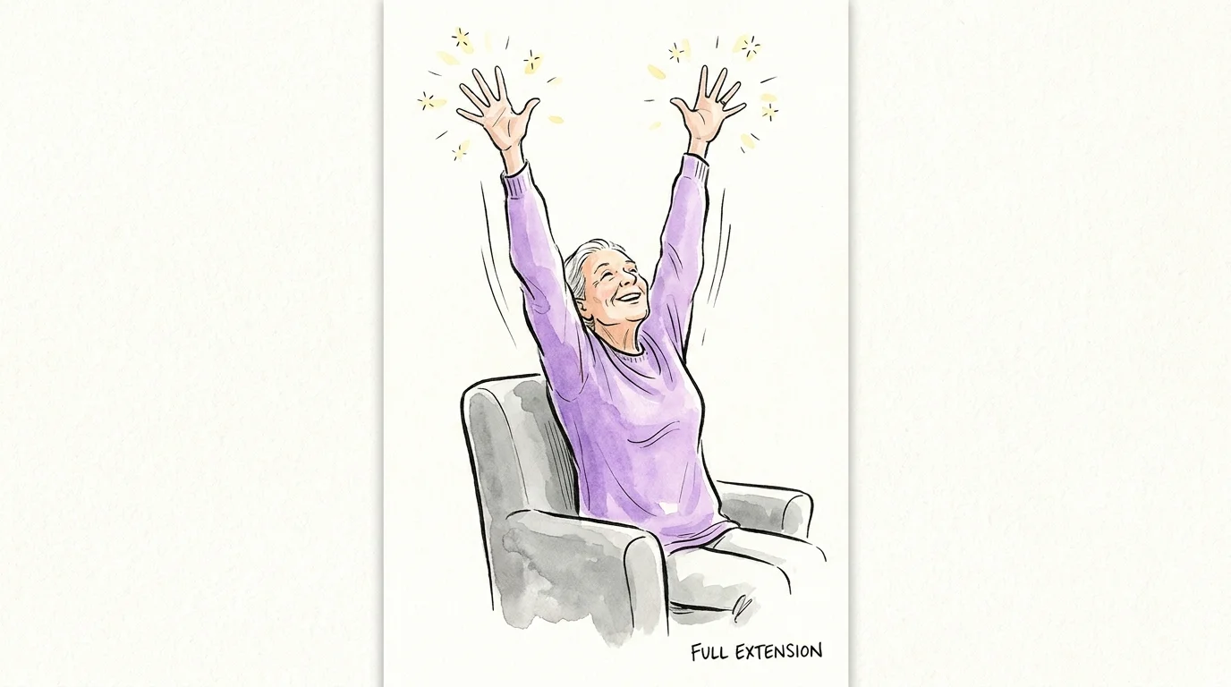 An illustration of a senior person stretching both arms high above their head while sitting in a chair.