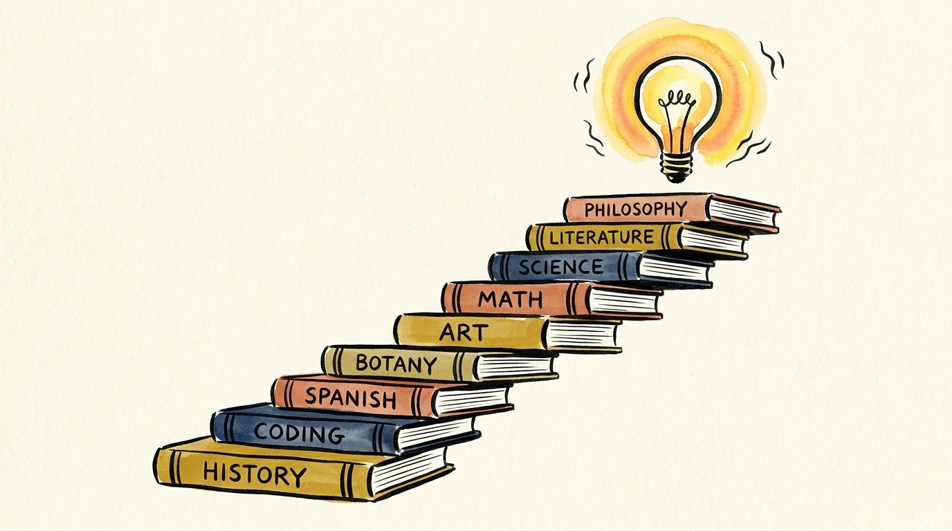 An illustration of a staircase made of books with titles like History and Coding, leading up to a glowing lightbulb.