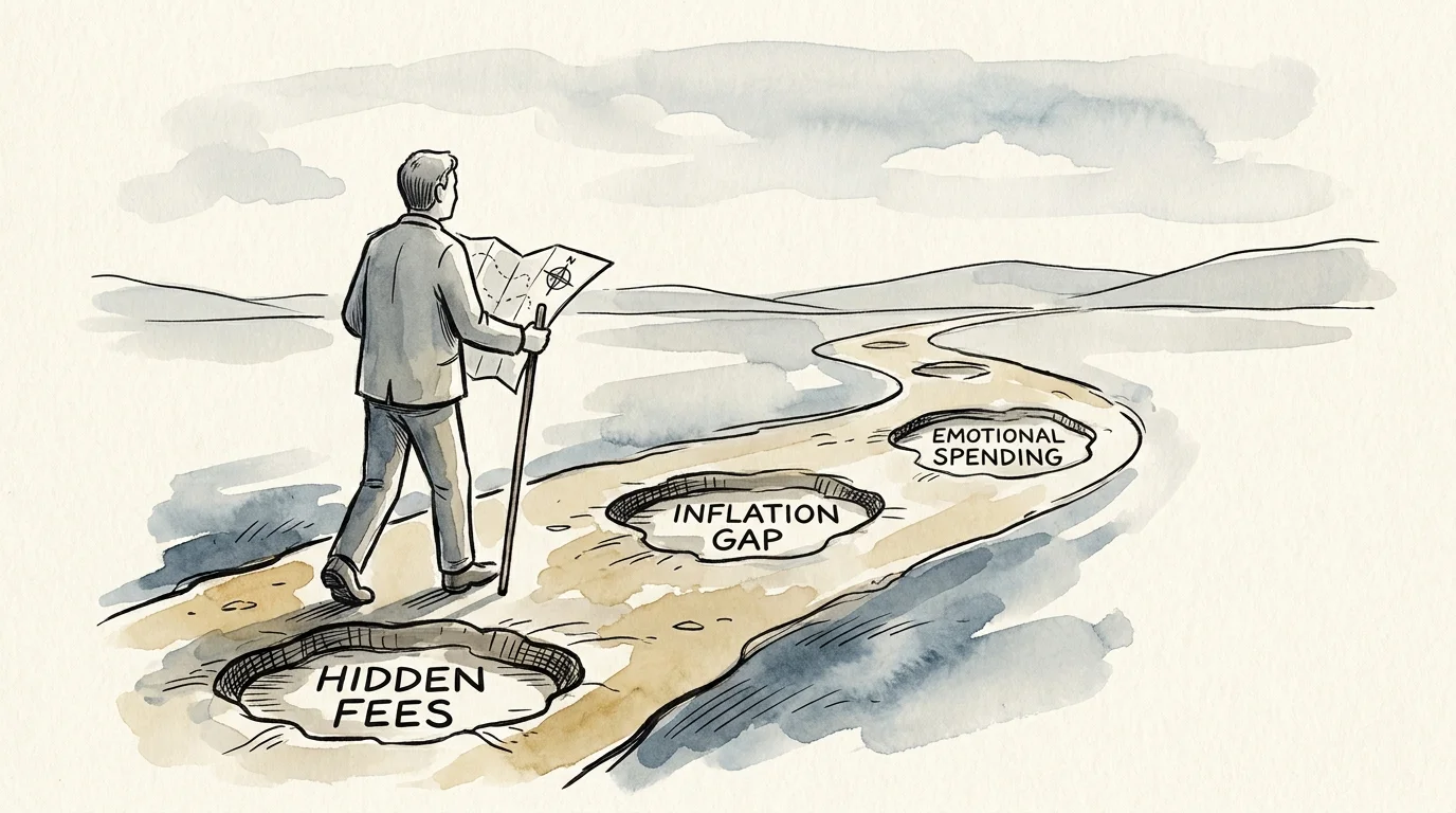 An illustration of a traveler on a path avoiding potholes labeled with financial pitfalls like Hidden Fees and Inflation Gap.
