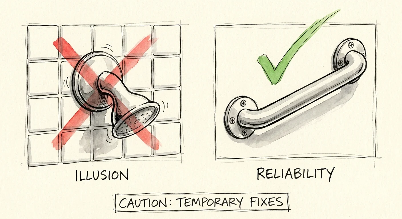 An illustration showing a 'failed' suction cup handle with a red X and a sturdy bolted handle with a green checkmark.