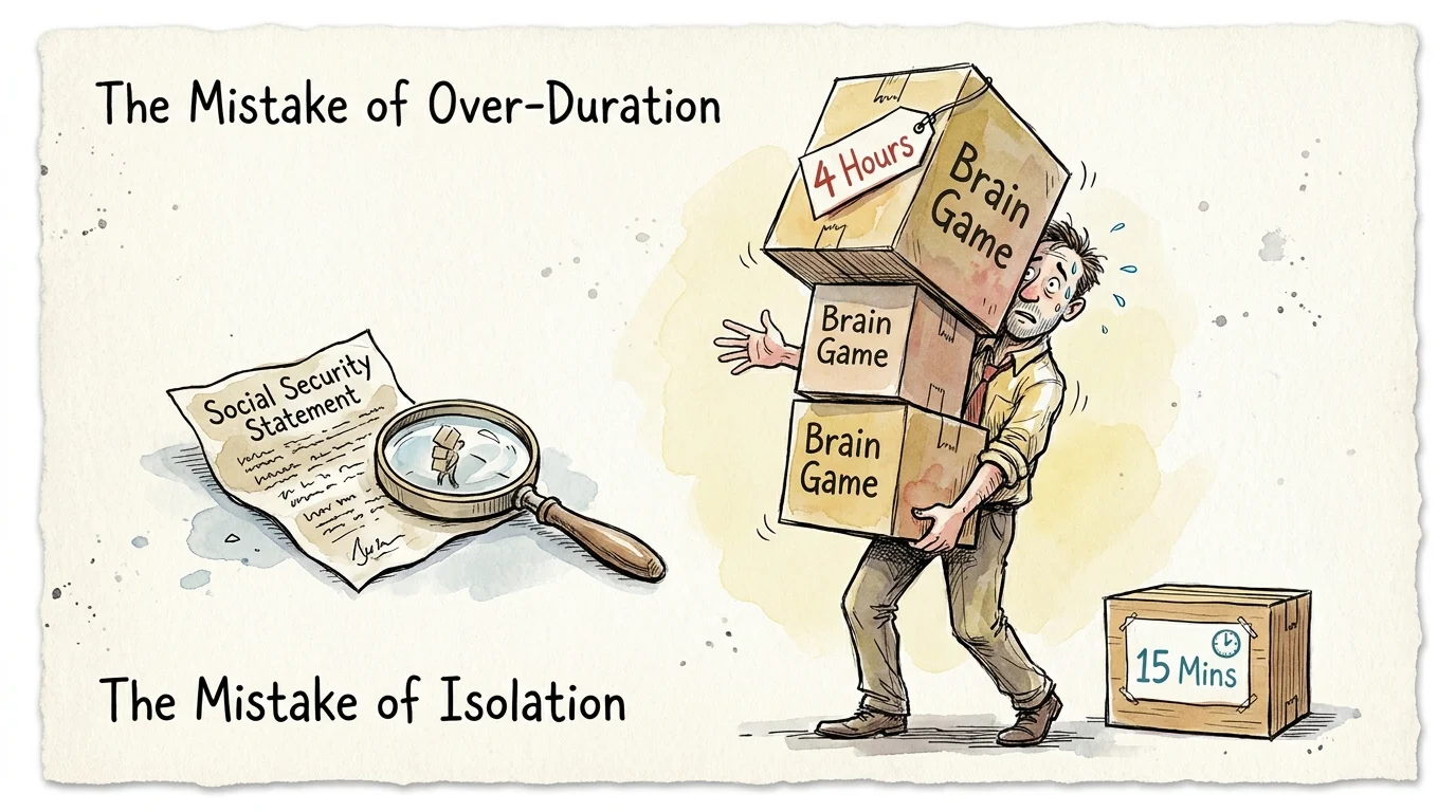 An illustration showing the pitfalls of over-exertion and isolation in cognitive training.