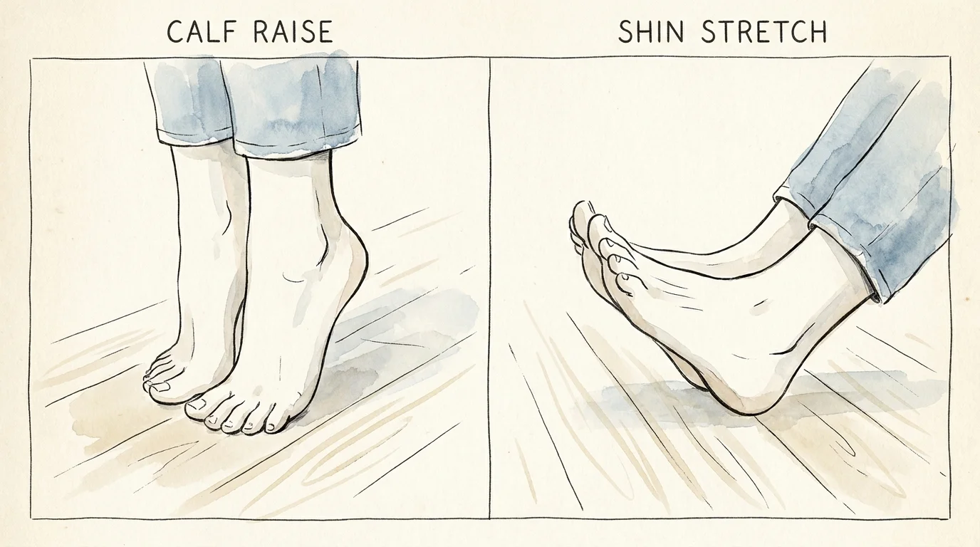 An illustration showing two positions of the feet: lifting the heels and lifting the toes to strengthen the calves and shins.