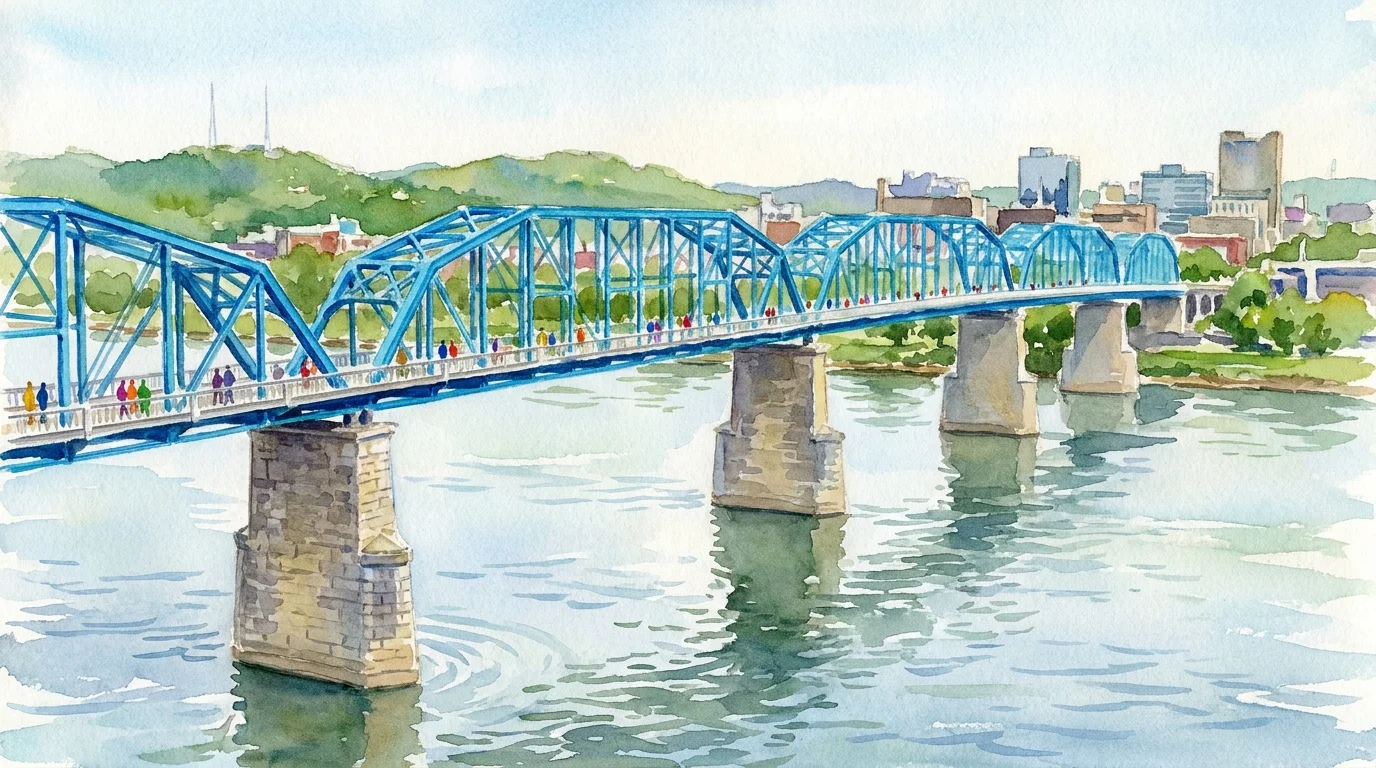 An impressionistic watercolor of the blue Walnut Street Bridge over the Tennessee River in Chattanooga.