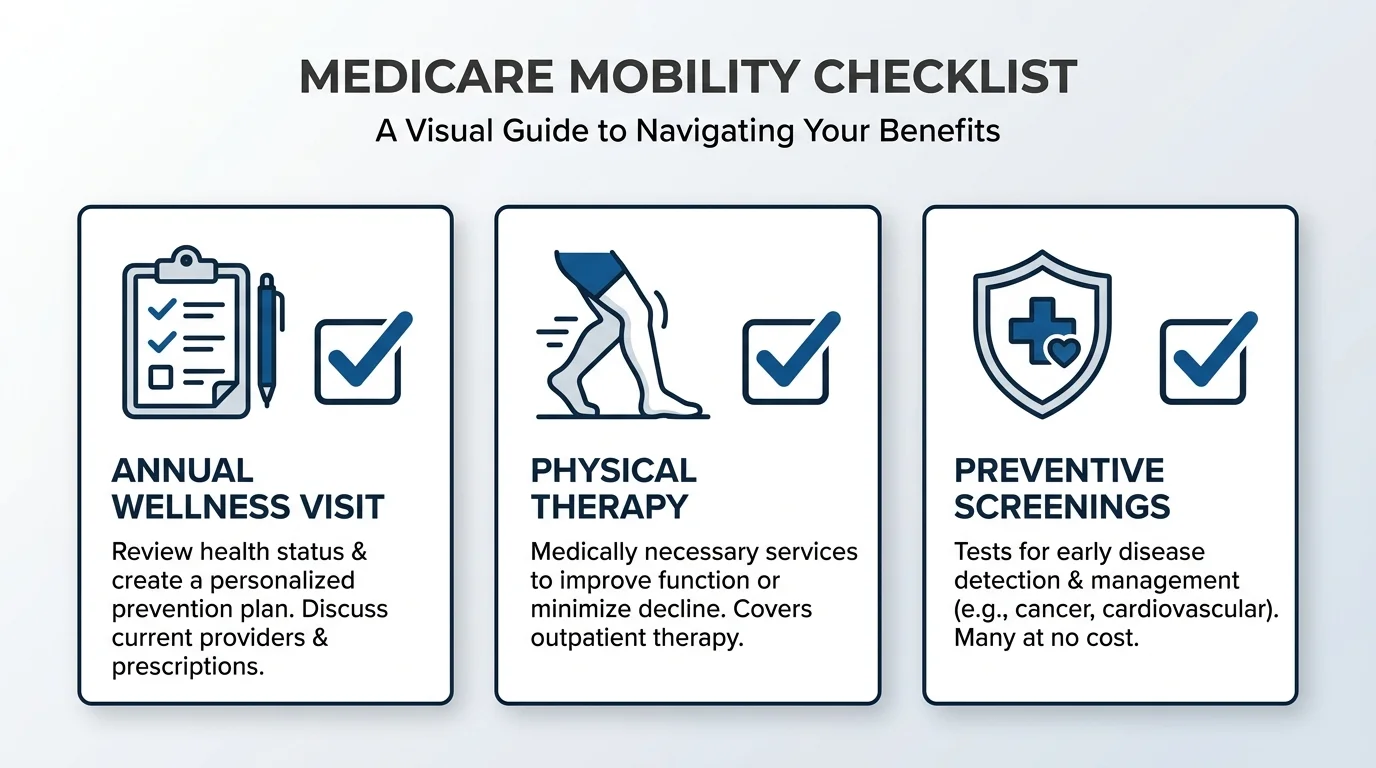 An infographic checklist for Medicare benefits including physical therapy and annual wellness visits.