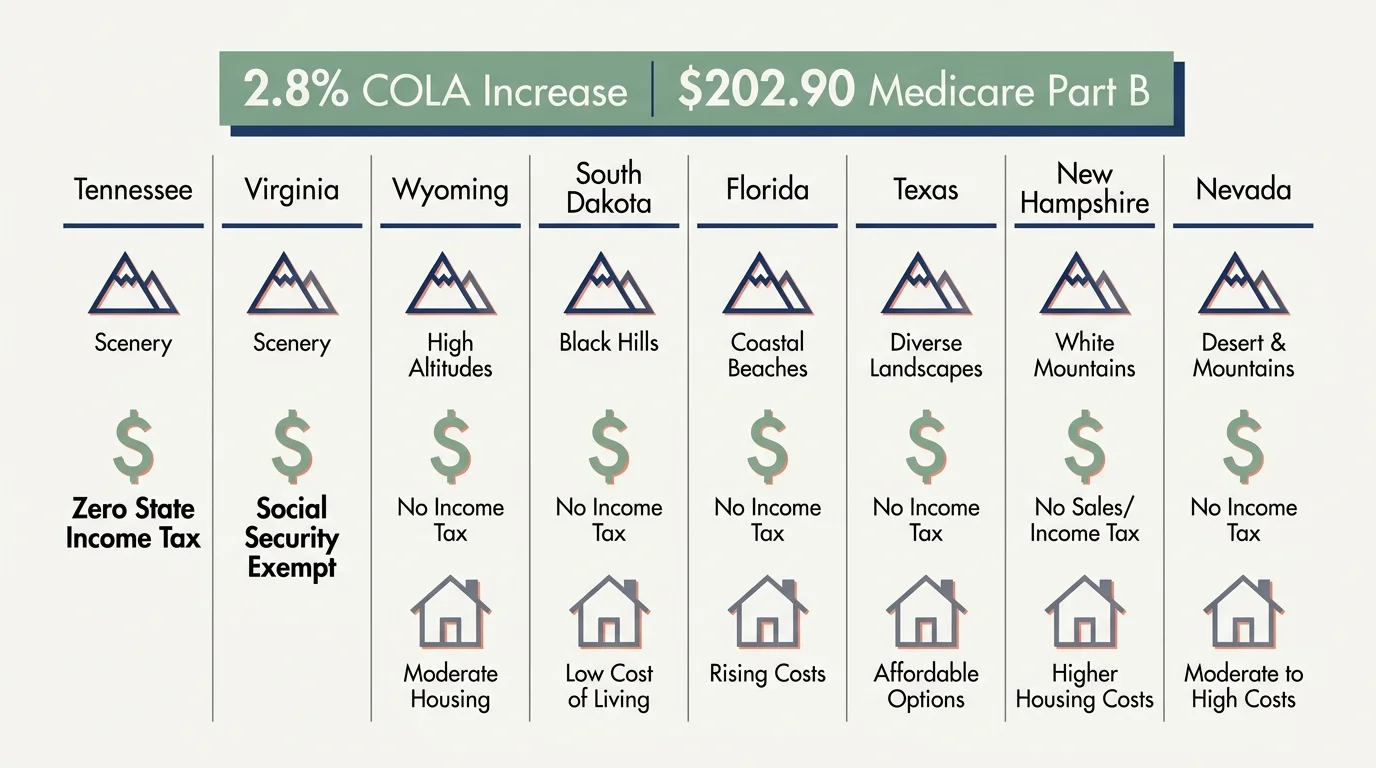 An infographic comparing tax rules across 8 states, highlighting Social Security exemptions and cost-of-living adjustments.