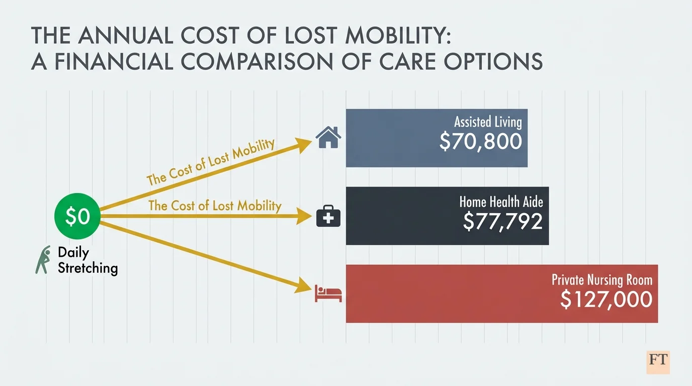 An infographic comparing the $0 cost of daily stretching to the high annual costs of assisted living and nursing home care.