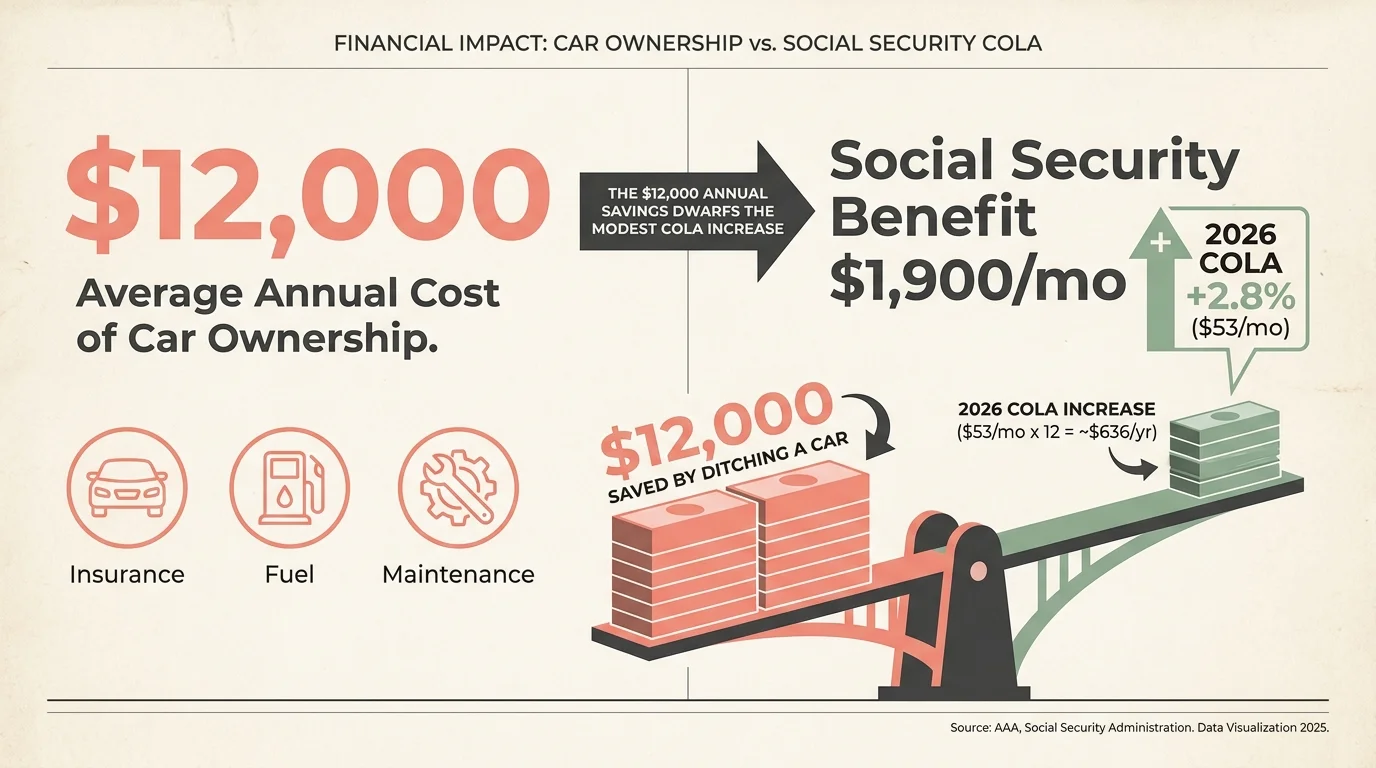 An infographic comparing the $12,000 annual cost of car ownership against a $1,900 monthly Social Security benefit and its 2.8% COLA.