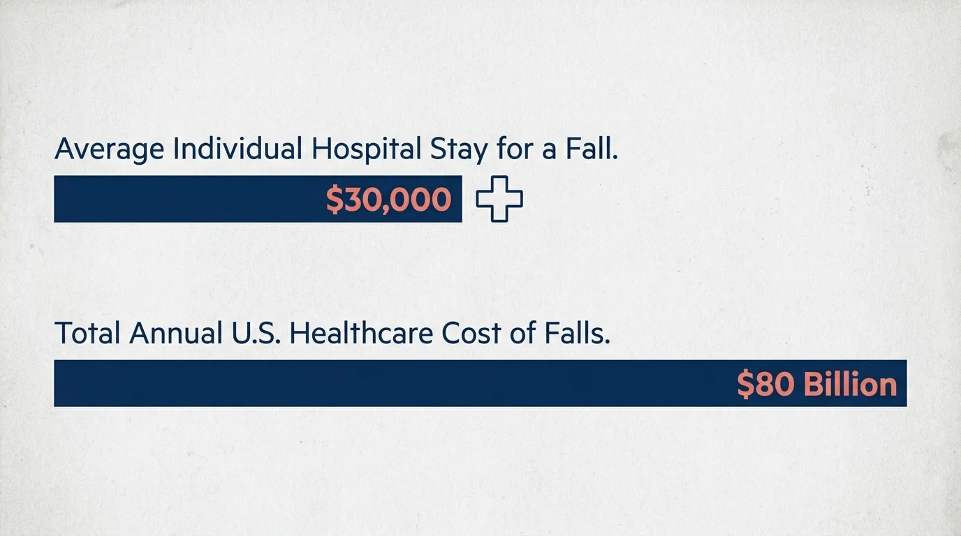 An infographic comparing the $30,000 average hospital stay cost for a fall to the $80 billion annual national cost.