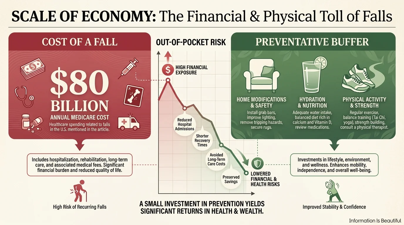 An infographic comparing the $80 billion annual cost of falls to the preventative benefits of home exercise.