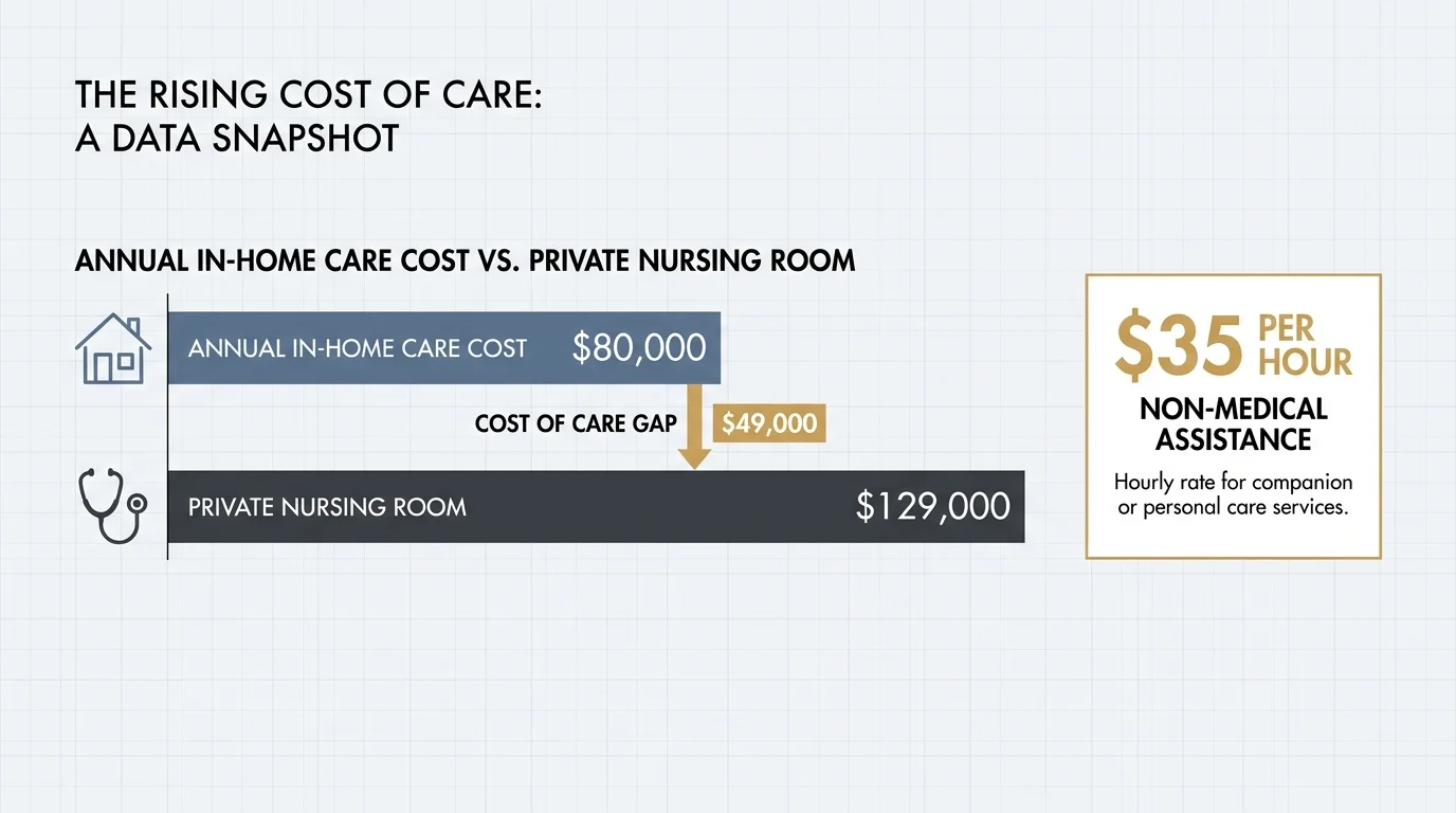 An infographic comparing the $80,000 annual cost of in-home care to the $129,000 cost of a private nursing facility room.