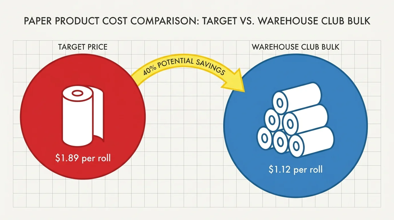 An infographic comparing the price per roll of paper towels at Target versus a warehouse club, showing 40% savings.