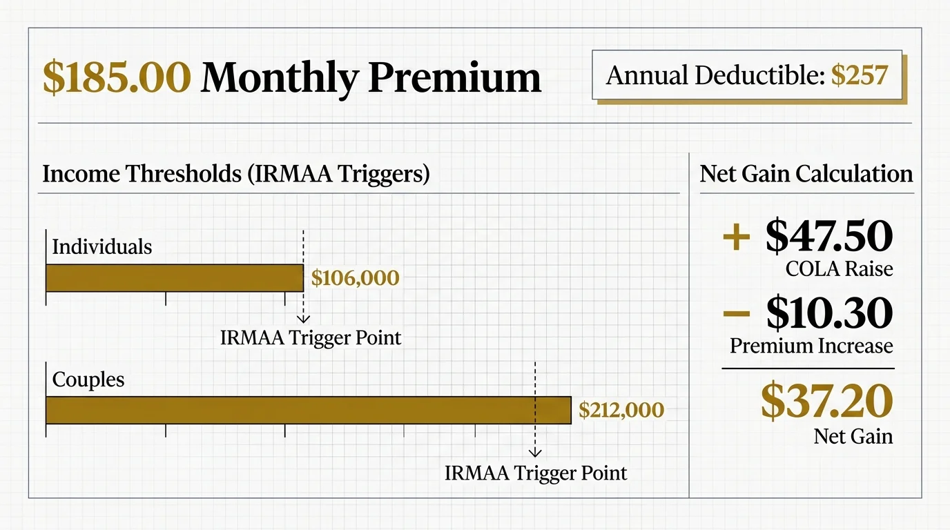 An infographic detailing 2025 Medicare costs including the $185 premium, $257 deductible, and income-related adjustment thresholds.
