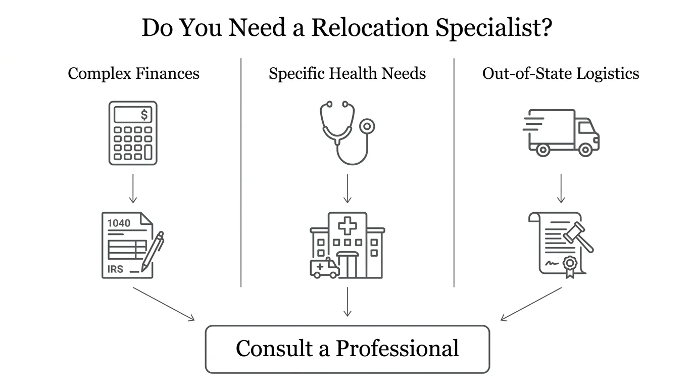 An infographic flowchart showing when to consult a professional for complex retirement relocation needs.