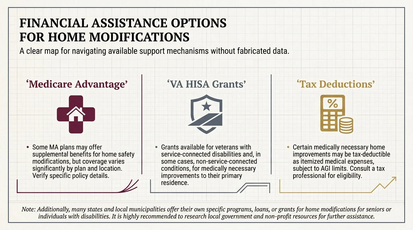 An infographic listing financial aid sources for home modifications, including Medicare Advantage and VA grants.
