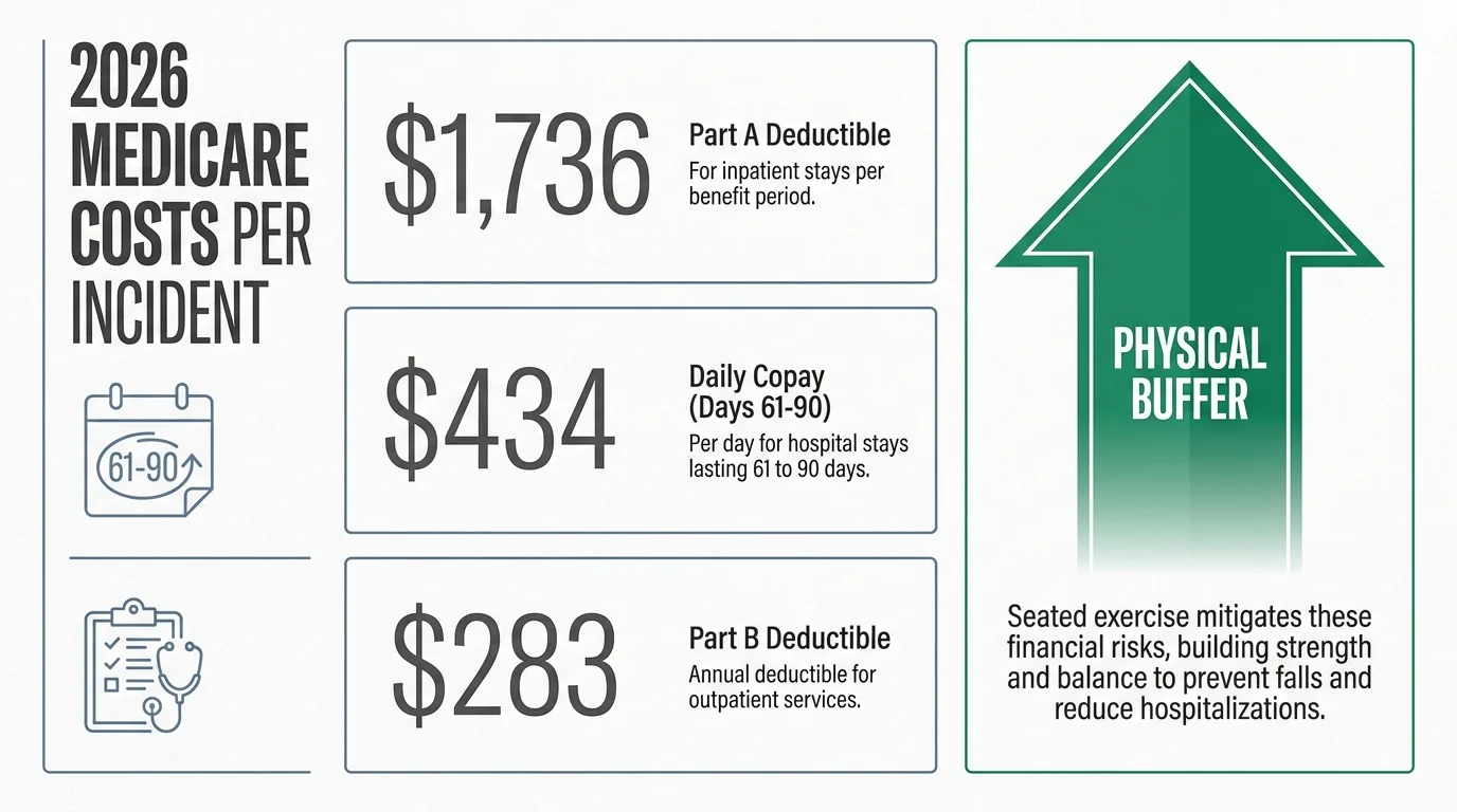 An infographic showing 2026 Medicare costs including a $1,736 Part A deductible and a $434 daily copay for extended stays.