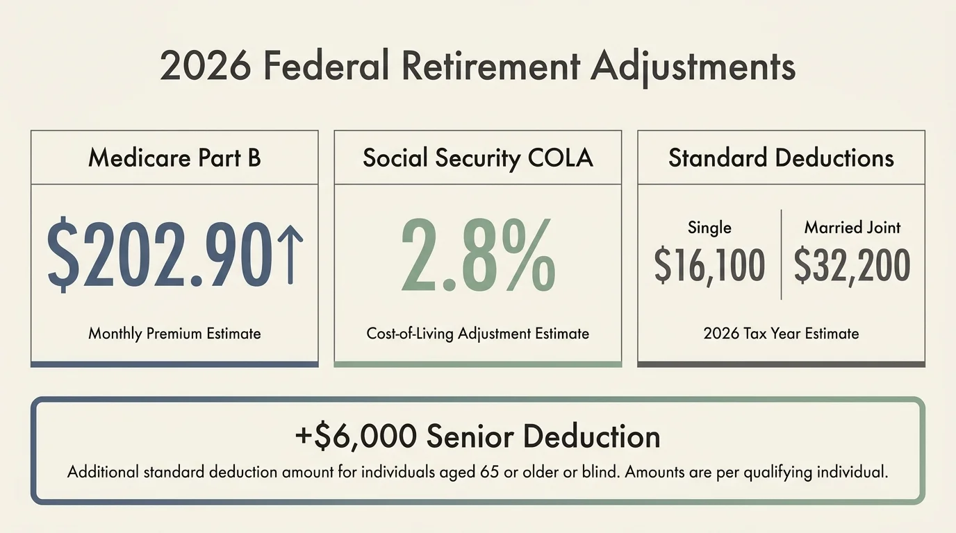An infographic showing 2026 Medicare premiums of $202.90, a 2.8% COLA increase, and standard deductions of $16,100 and $32,200.