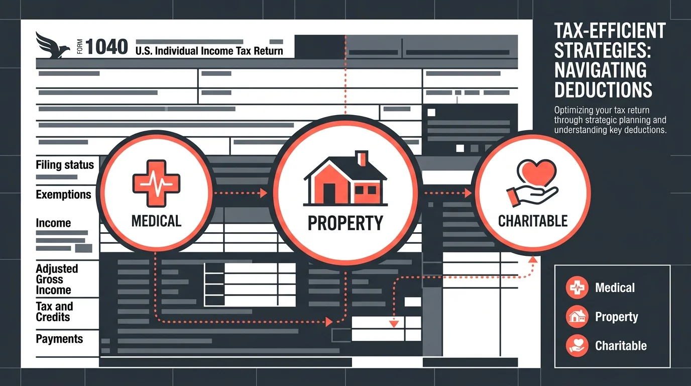 An infographic showing a tax form with callouts for medical, property, and charitable deductions.