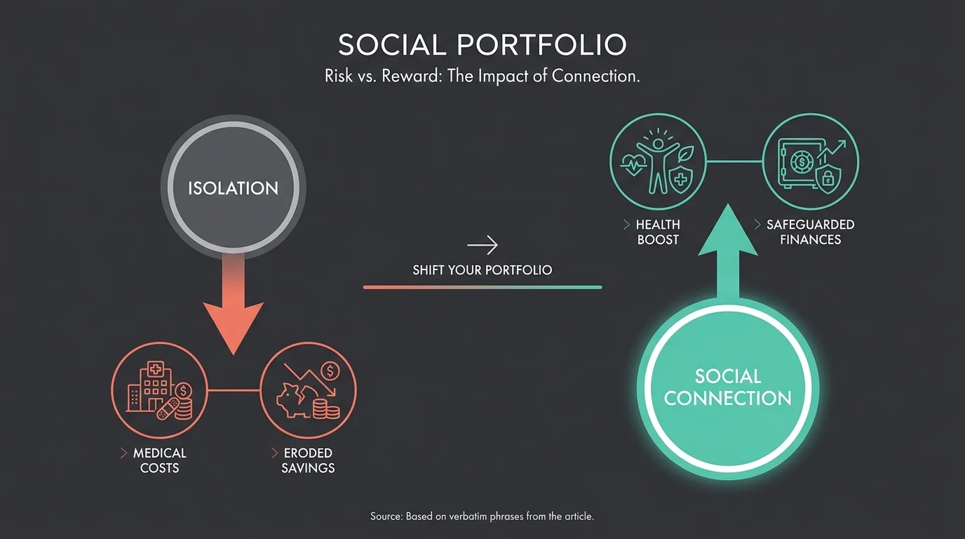 An infographic showing how social connection leads to a health boost and safeguarded finances compared to isolation.