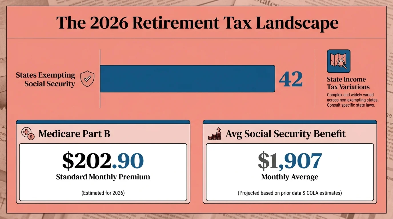 An infographic showing that 42 states exempt Social Security and highlighting the $202.90 Medicare premium.