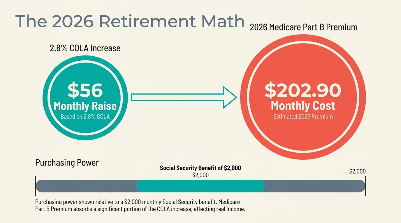 An infographic showing that a $56 Social Security COLA increase is offset by a $202.90 Medicare Part B premium in 2026.