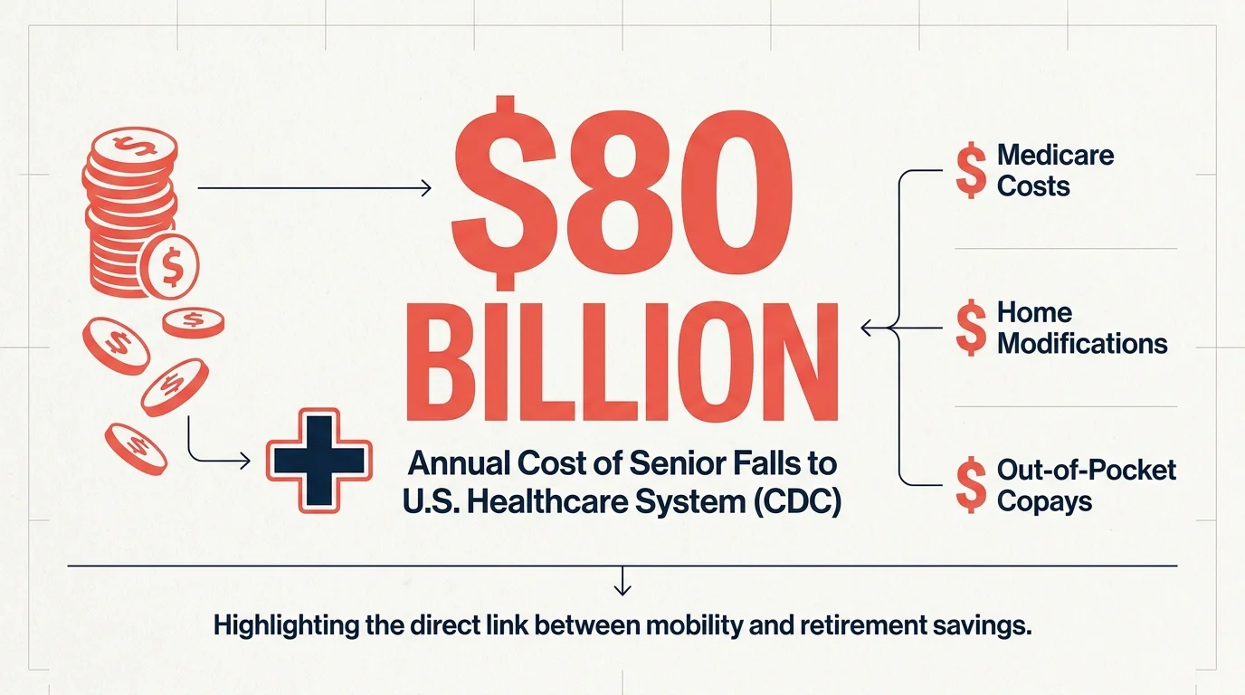 An infographic showing that senior falls cost the U.S. healthcare system $80 billion annually, highlighting the financial risk of decline.