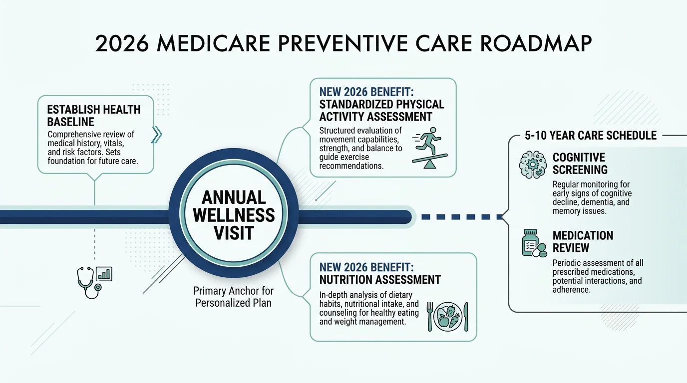 An infographic showing the 2026 Medicare preventive care benefits, including the annual wellness visit and new nutrition assessments.