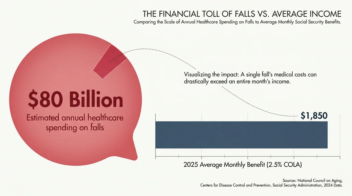 An infographic showing the $80 billion cost of falls compared to the $1,850 average monthly Social Security benefit.