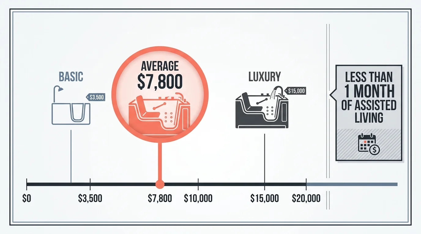 An infographic showing the cost range for walk-in tubs, from $3,500 to $15,000, compared to assisted living costs.