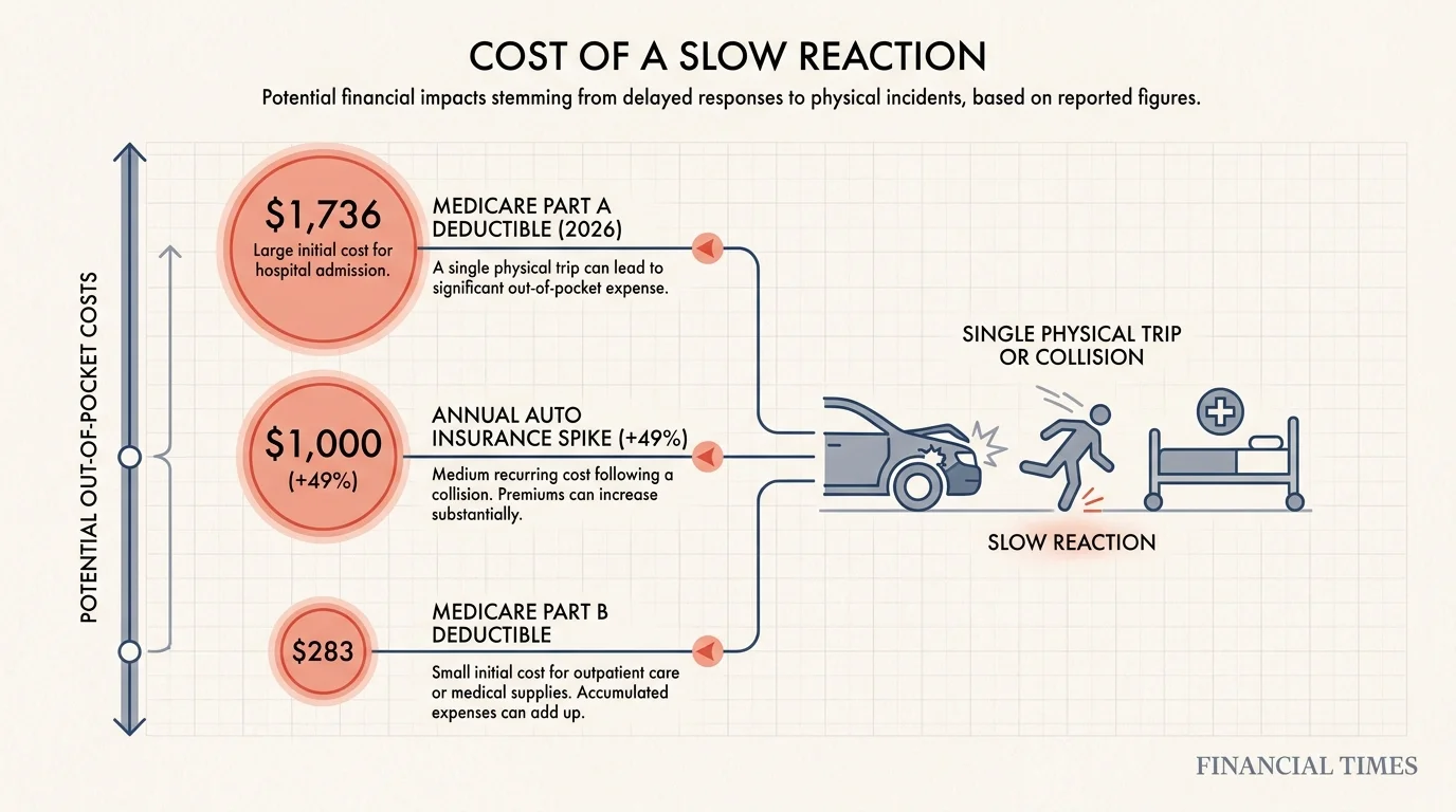 An infographic showing the financial costs of slow reactions, including the $1,736 Medicare Part A deductible and auto insurance spikes.