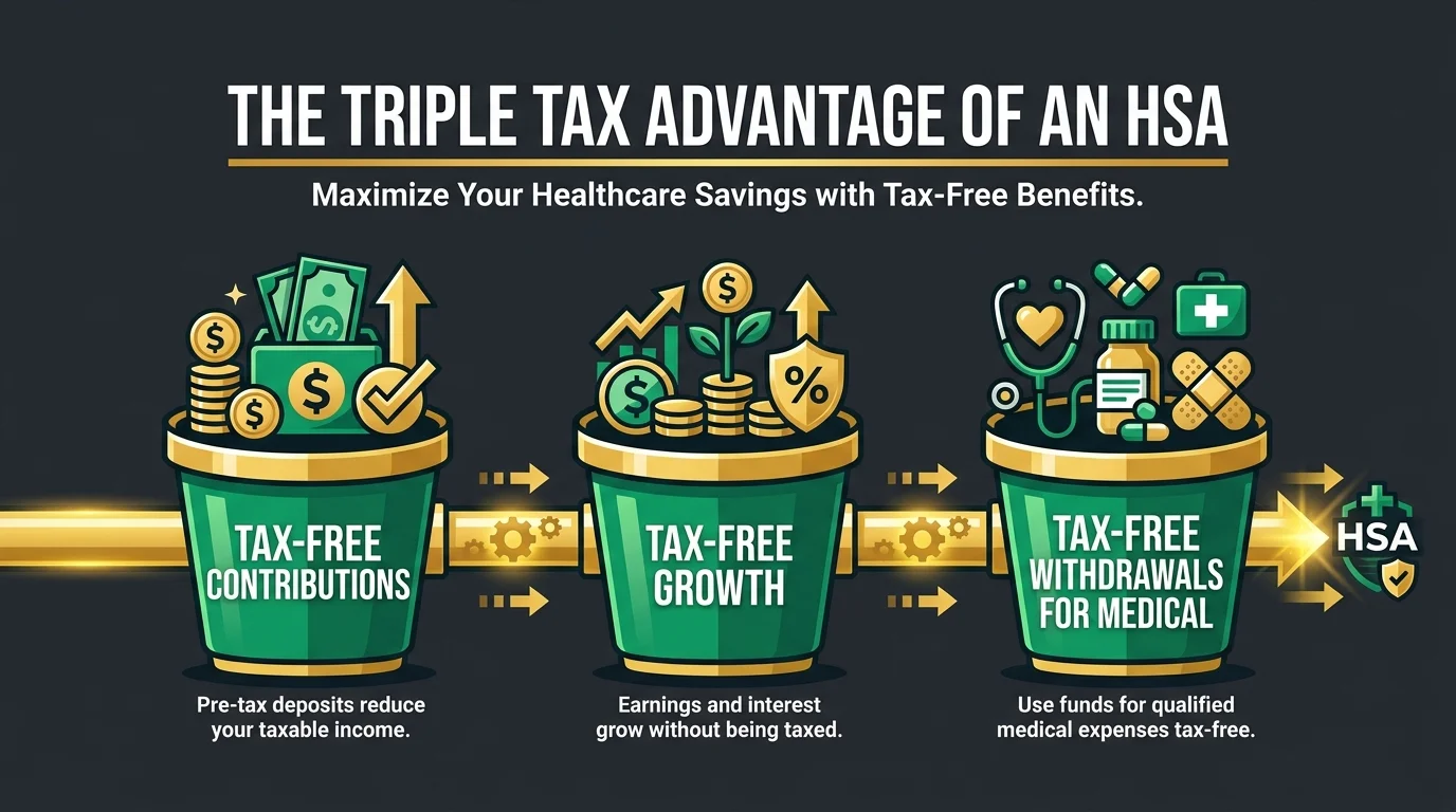 An infographic showing the triple tax benefits of an HSA: tax-free contributions, growth, and withdrawals.