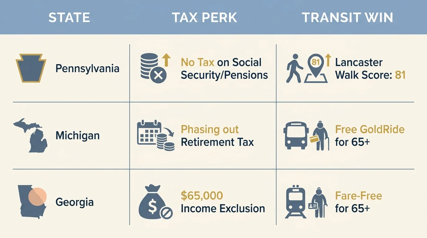 An infographic table comparing tax perks and transit benefits for retirees in Pennsylvania, Michigan, and Georgia.