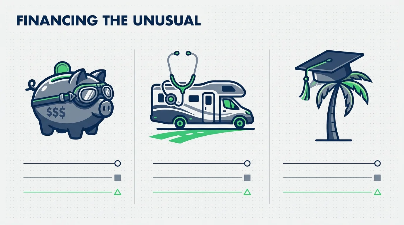 An infographic with icons representing aviation, RV care, and education-themed retirement financing.