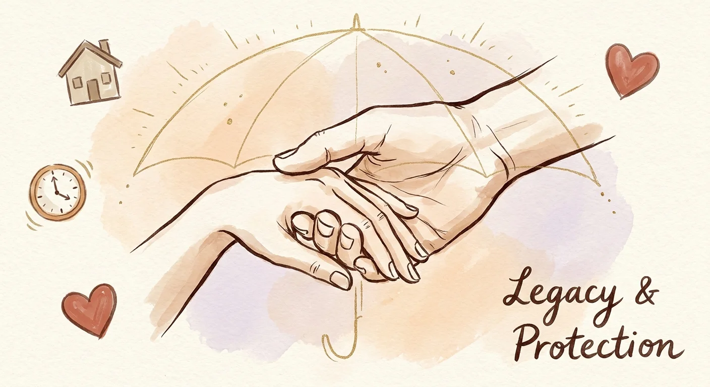 An ink and gouache illustration of intertwined hands under a protective canopy, symbolizing survivor benefits.