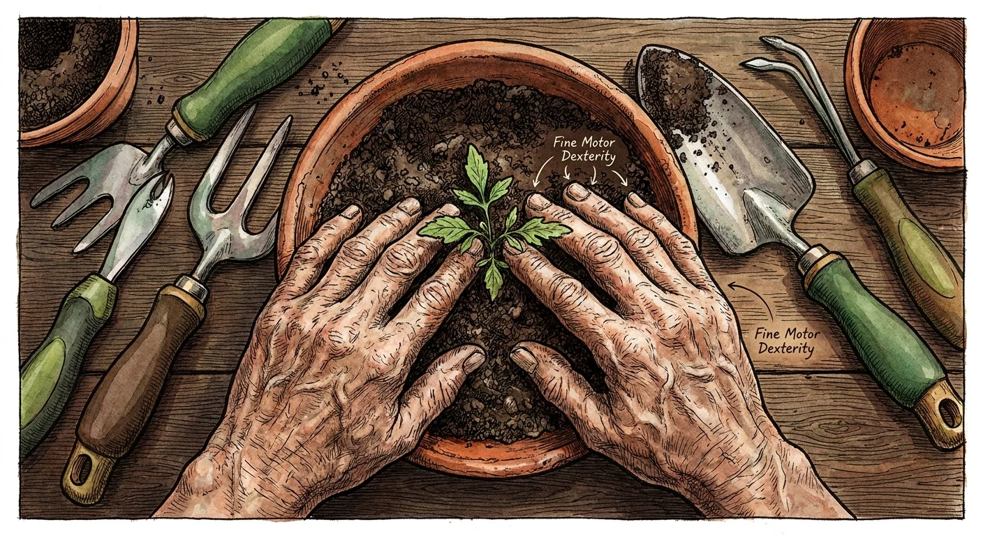 An ink and watercolor drawing from above showing hands planting a seedling, emphasizing fine motor skills.