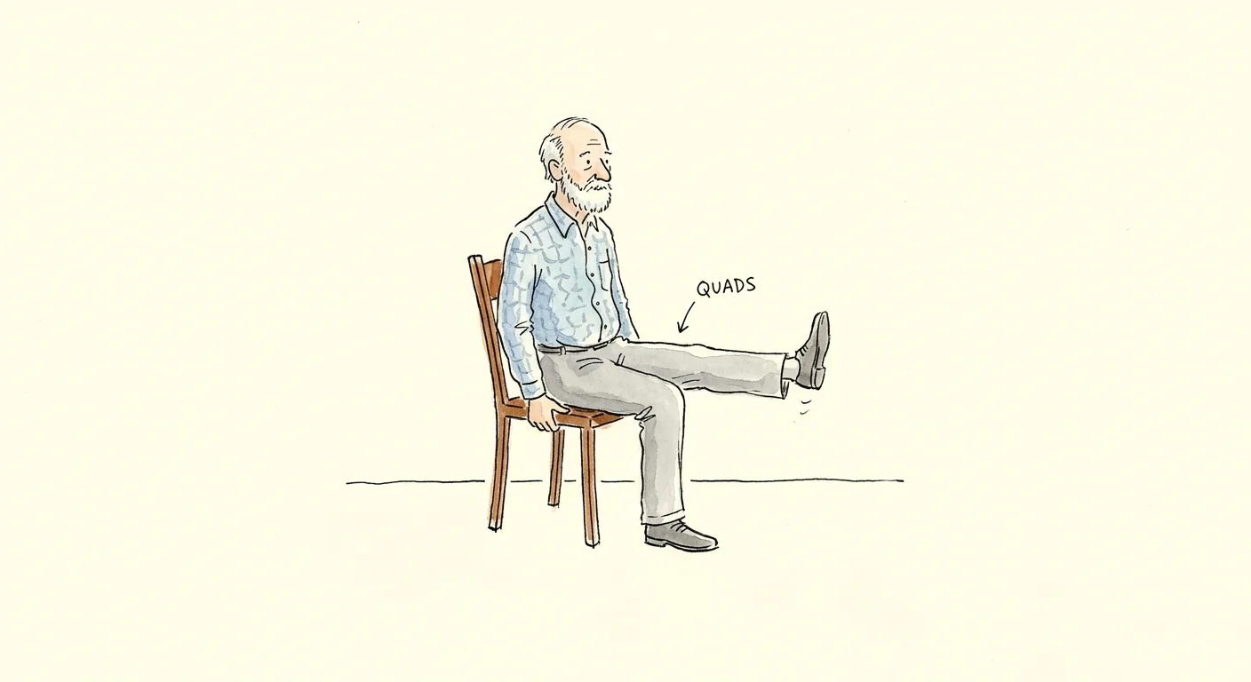 An ink and watercolor drawing of a man performing a seated leg extension by straightening one leg out in front of him.