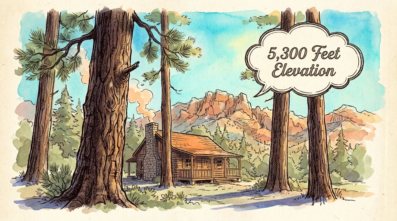 An ink and watercolor drawing of a mountain home among pine trees in Prescott, Arizona, noted for its high elevation.