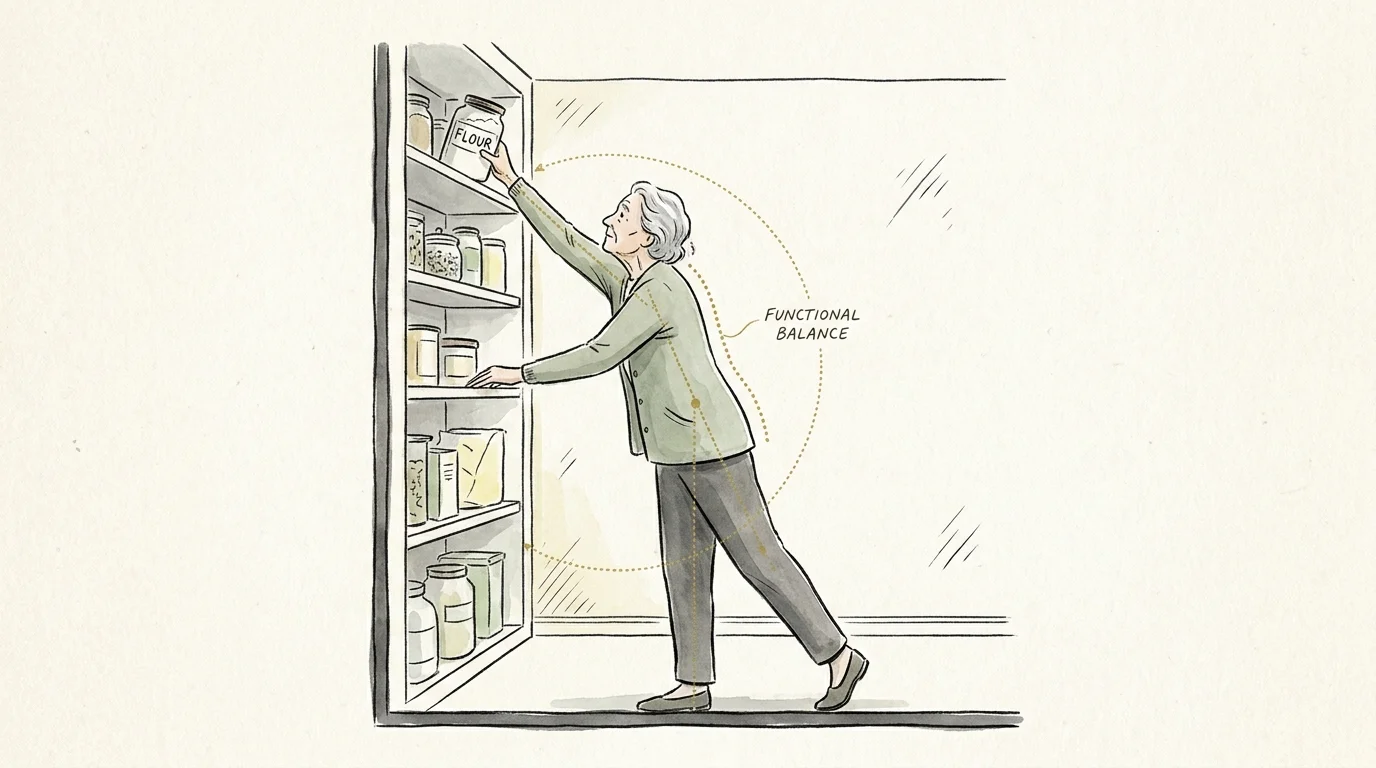 An ink and watercolor drawing of a person reaching for a high shelf with balance lines illustrated.