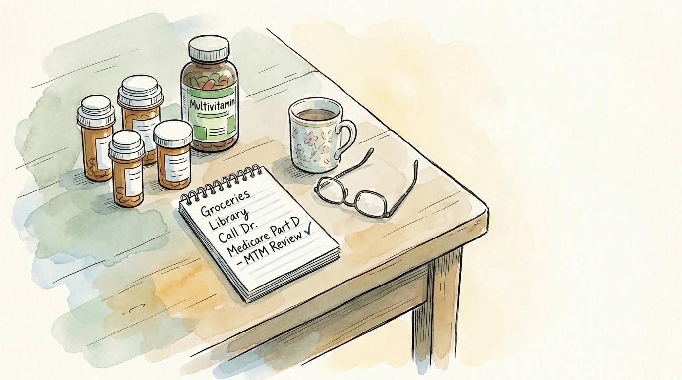 An ink and watercolor drawing of pill bottles and a Medicare Part D medication review checklist on a table.