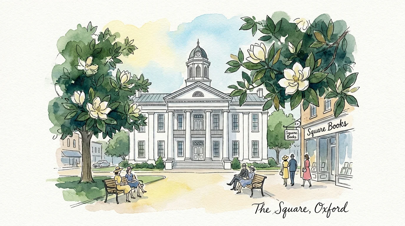 An ink and watercolor drawing of the historic courthouse and magnolia trees in Oxford, Mississippi.