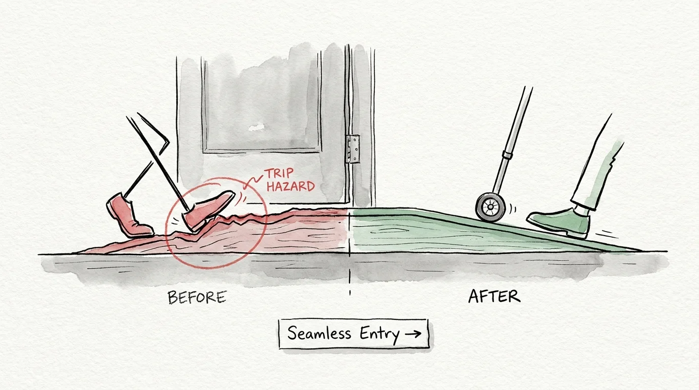 An ink and watercolor drawing showing the difference between a dangerous floor threshold and a safe, flat transition.